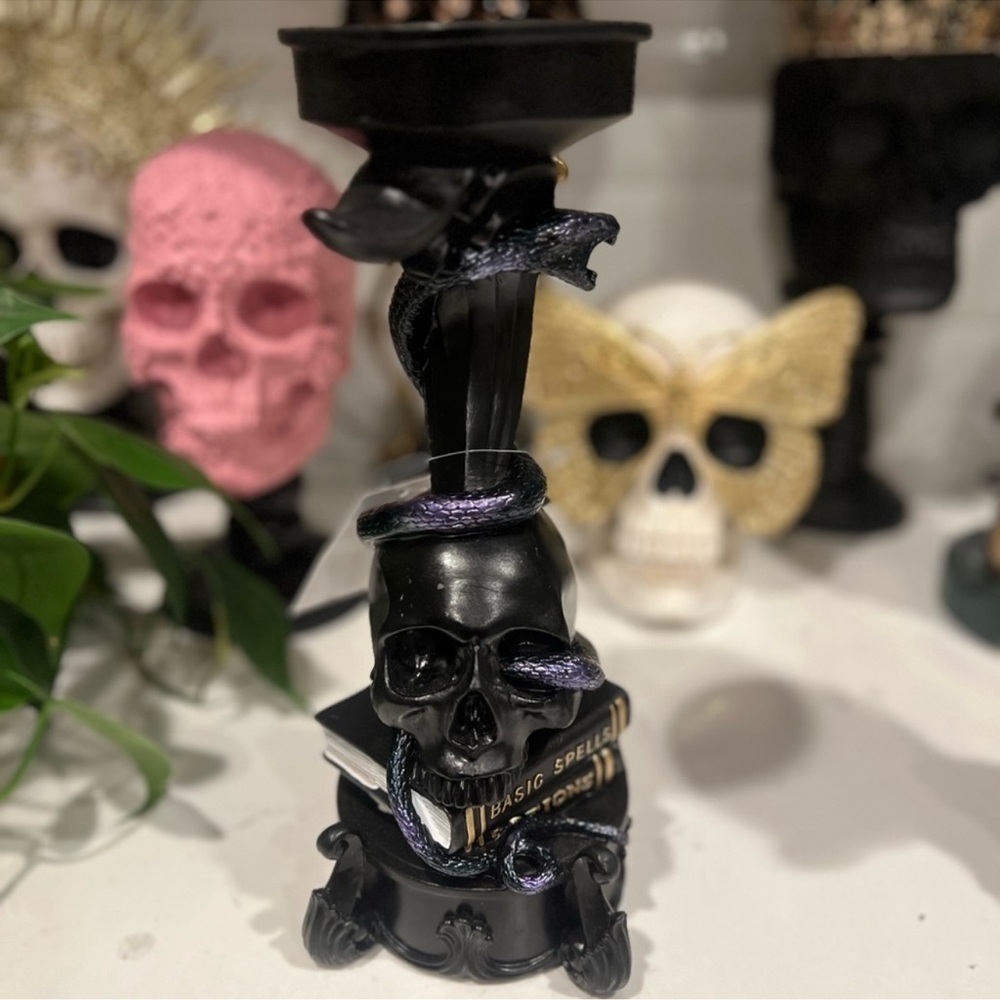 New Spooky Halloween Large Black Skull Spells Snake Candle Holder Decor Set of 2 - Picture 5 of 8